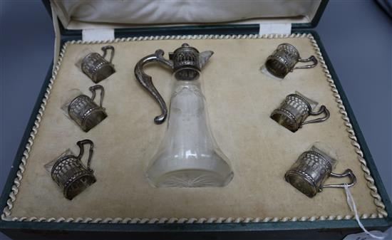 An Italian 800 standard silver-mounted glass liqueur set, cased (faults)